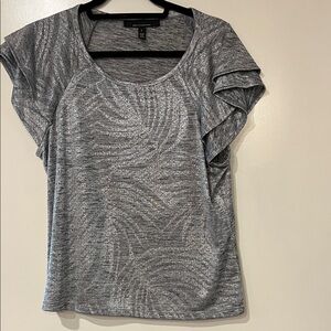 White House Black Market Silver Sparkly Ruffled Short Sleeve/Scoop Neck Top